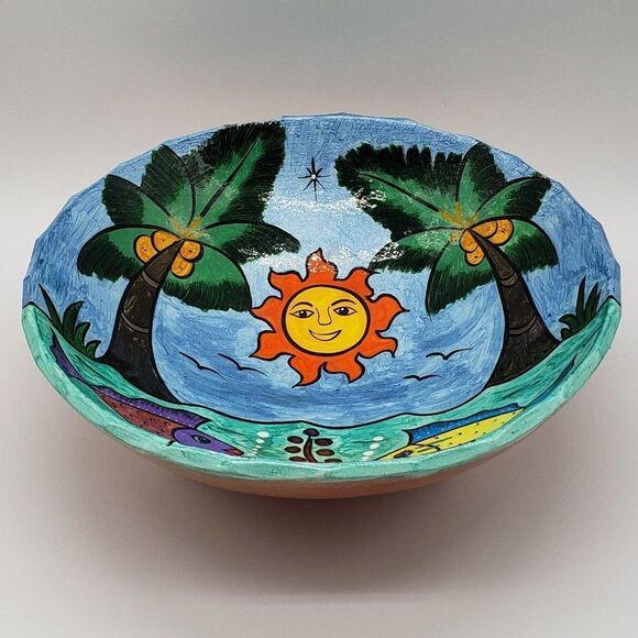 Mexican Hand Painted Folk Art Storyteller Sun, Trees & Fish 3 Footed Bowl - 2012 - Picture 8 of 10